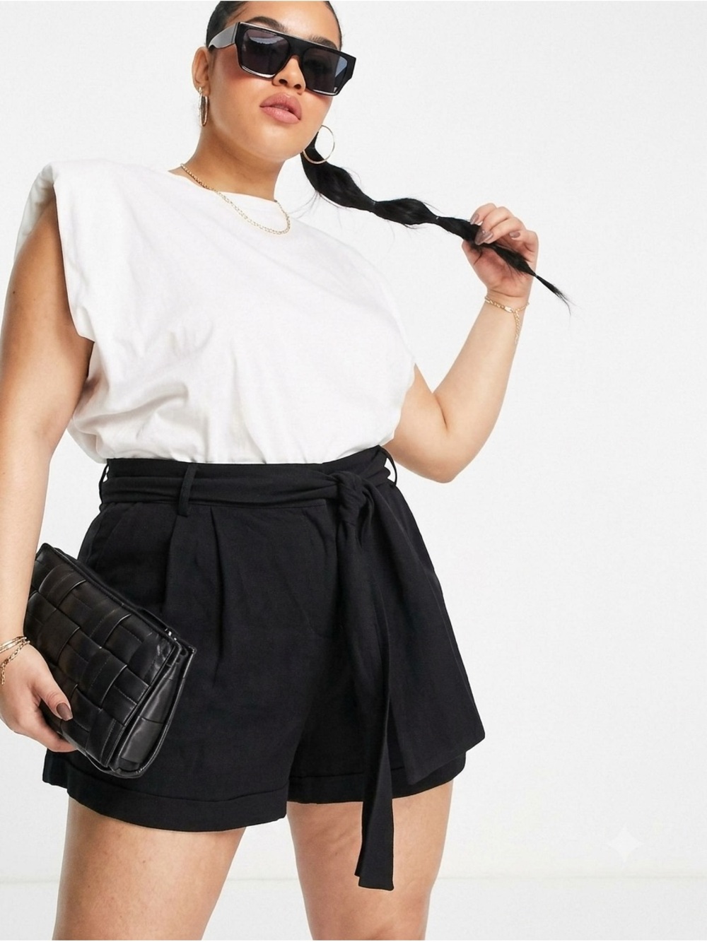 ASOS Curve Black Linen Belted Shorts - Tie Waist Suit Short Size 24